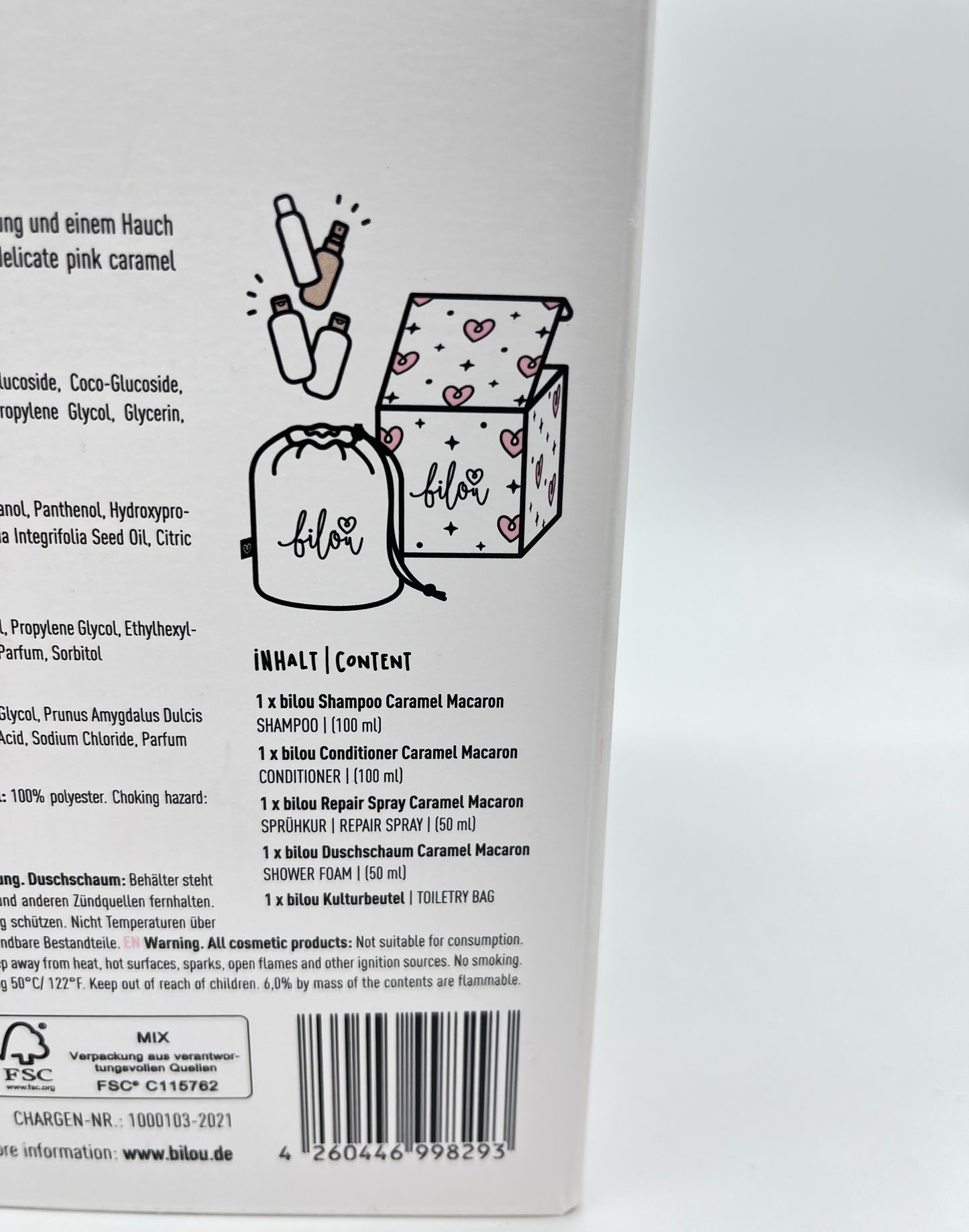 bilou - Kulturbeutel mit Duschset - Shampoo 100 ml + Conditioner 100 ml + Sprühkur 50 ml + Duschschaum 50 ml