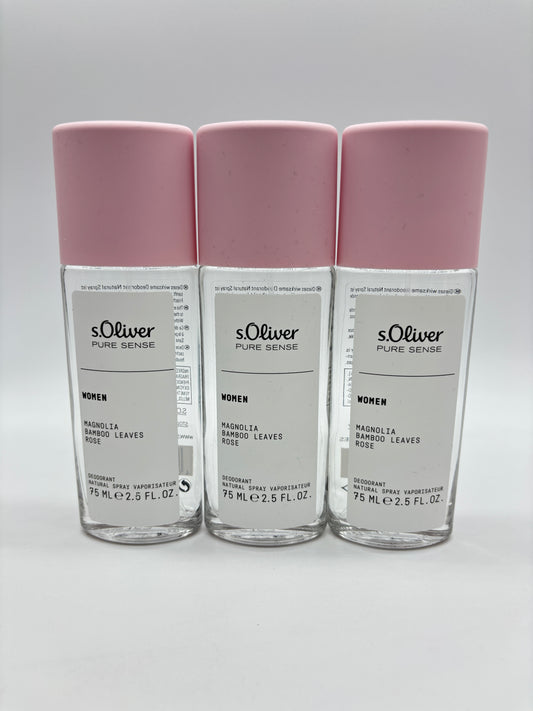 s.Oliver Pure Sense  Magnolia Bamboo Leaves Rose Deodorant Natural Spray 3 x 75 ml